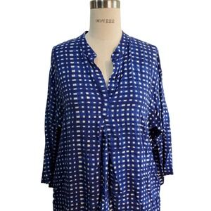 Natori Blue Print Tunic Top Cover‎ Up V-Neck 3/4 Sleeve Casual Comfy Size M